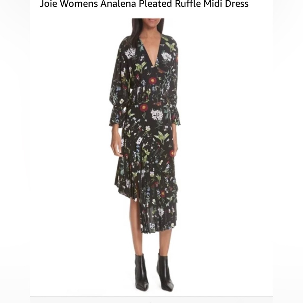 Joie Womens Analena Pleated Ruffle Midi Dress, Black, Large